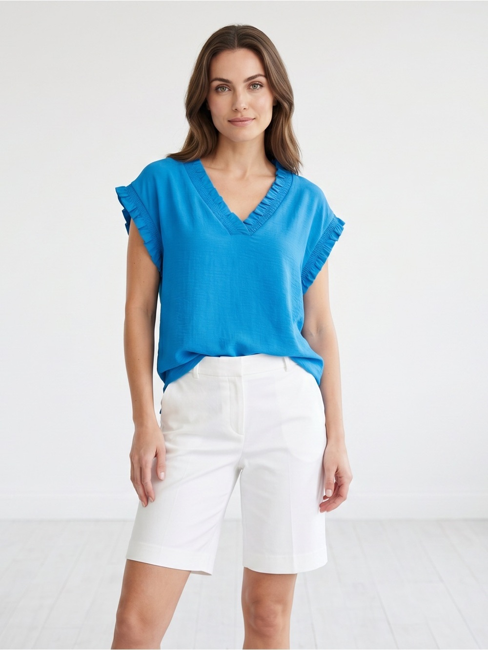 JODIFL Blue V-Neck Ruffle Trim Top Sleeves & Neckline Elastic Stretch